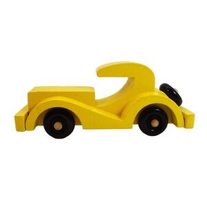 Bright‎ Yellow Wooden Toy Car with Black Wheels Classic Roadster Style for Kids